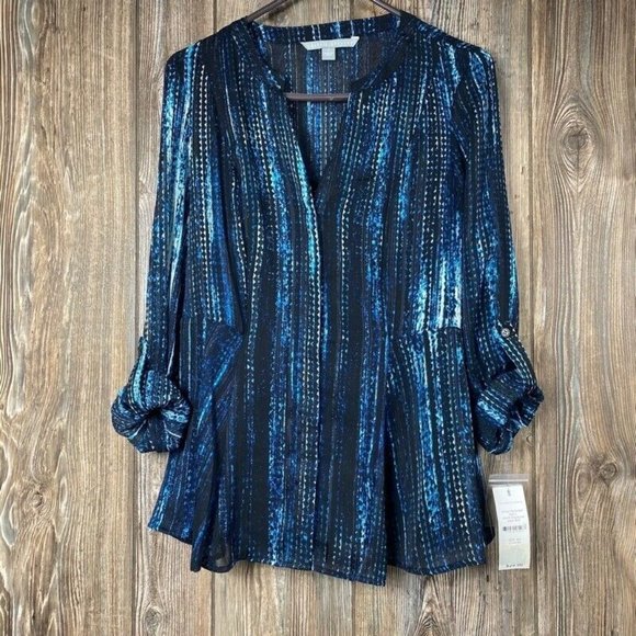Valerie Stevens Womens Button Front Shirt Blue Str - Picture 1 of 3